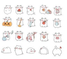 a bunch of cats that are all drawn in different colors and sizes, with pumpkins on