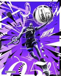 a basketball player jumping up into the air with a ball in front of him on a purple and black background