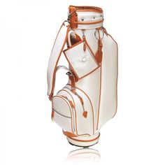 a white and orange golf bag on a white background