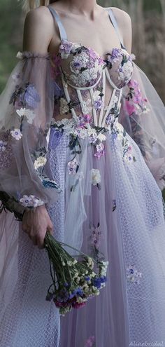 Elegant Dusty Lavender Floral Spaghetti Strap Sweetheart A-line Tulle – AlineBridal Flower Dress Aesthetic Vintage, Flower Mesh Dress, Flower Sleeve Dress, Flower Goddess Dress, Wildflower Prom Dress, Flowers Dress Aesthetic, Purple Prom Dress Flowers, Dresses Inspired By Flowers, Fantasy Floral Dress