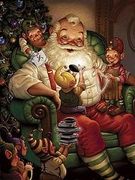 a painting of santa claus sitting in a chair with his children