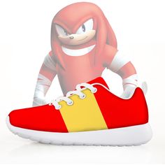 a red and yellow sneaker with an image of sonic the hedgehog on it