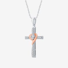 This Yes, Please! cross pendant necklace will make a chic style statement. Made from Sterling Silver, this rope chain necklace features a cross set with round-cut genuine diamonds, interlaced with a Rose Gold Over Silver pendant. Wear it with all your favorite looks or gift to loved ones celebrating April birthdays. Features: Religious Jewelry, In A Gift BoxDiamond Clarity: I3Jewelry Closure: Spring Ring ClaspLink Construction: SolidSetting: Multi-SettingShape: CrossStone Cut: RoundDiamond Color White Gold Cross Necklace For Mother's Day, Mother's Day White Gold Cross Necklace, Rose Gold Crucifix Necklaces For Anniversaries, White Cross Necklace For Mother's Day, Rose Gold Crucifix Necklaces For Anniversary, White Cross Jewelry For Valentine's Day, Mother's Day White Cross Necklace, White Crucifix Jewelry For Anniversary, Rose Gold Cross Jewelry For Mother's Day