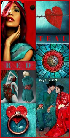 a collage of different images with red and blue colors, including an image of a woman