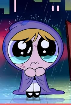 the powerpuff character is sitting in the rain with an umbrella over her head