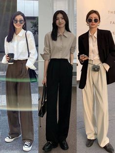 Business Casual Women Aesthetic, Retail Assistant Outfit, Startup Outfit Women, Interview Outfit Black Pants, Formal But Casual Outfits, Tie Up Shirt Outfit, Formal Korean Outfits For Women, Loose Pants Outfit Korean, Petite Asian Fashion