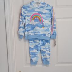 Adorable Outfit With Rainbow On The Front And Down The Sleeves. Playful Hoodie For Spring Playtime, Playful Hoodie For Playtime In Spring, Playful Spring Hoodie For Playtime, Cute Multicolor Cotton Hoodie, Blue Cotton Hoodie For Playtime, Playful Blue Hoodie With Long Sleeves, Playful Blue Long Sleeve Hoodie, Blue Long Sleeve Playful Hoodie, Sweats Set