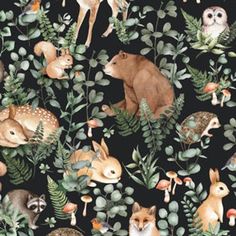 an animal themed wallpaper with many different animals and plants on the black background,