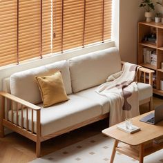 a living room with a couch, coffee table and bookshelf in front of the window