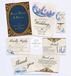 wedding stationery with blue and white designs on the front, back and side panels