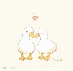 two white ducks standing next to each other with a pink heart in the sky above them