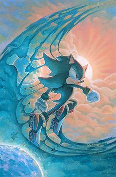 a painting of sonic the hedgehog riding a wave