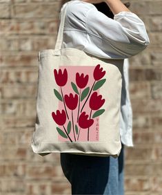 Paris Tulip Flower Tote Bag, Woman Floral Tote Bag, Shoulder Bag, Flower Tote Bag, Aesthetic Bag, Casual Canvas Tote, Cute Tote Bag - Etsy Pink Tote Bag For Mother's Day, Pink Flower-shaped Shoulder Bag As A Gift, Pink Flower-shaped Shoulder Bag As Gift, Pink Flower-shaped Shoulder Bag For Gifts, Eco-friendly Rectangular Bag With Floral Print, Beige Flower-shaped Shopping Bag, Pink Rectangular Shoulder Bag For Mother's Day, Mother's Day Pink Rectangular Shoulder Bag, Daily Use Flower-shaped Bag With Removable Pouch