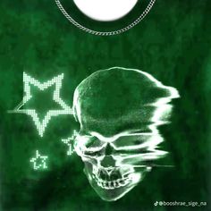 a skull and star on a green background with the moon in the sky behind it