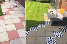 two pictures side by side one shows a patio and the other shows an outdoor living area