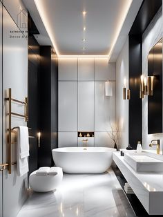 a white bath tub sitting next to two sinks in a bathroom with black and gold accents