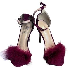 "Size 10 Suede Sole Heel Measures Approximately 4.33 Inches"" Fabric: Faux Suede & Fax Feather Heel Length 4.33"" Unique Fluffy Feather Design, Open Toe, Stiletto, And With Ankle Buckle Strap. Notice! The Way To Do The Buckle: The Design Is Similar To A Removable Bra Strap. Take The End Of The Strap With The Hook (Opening Of The Hook Should Be Upwards), And Bring The End With The Buckle Around Your Ankle (Buckle Facing Outward). Slide The Bit Of Strap Right Behind The Buckle Down Into The Hook, Feather Heels, Bra Strap, Feather Design, Bra Straps, High Heels Stilettos, Cool Suits, Faux Suede, High Heel, Shoes Women Heels