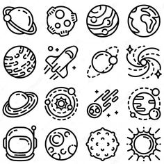 the planets and their satellites are drawn in black ink on a white background with space symbols