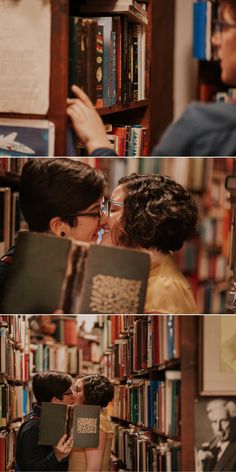 two people kissing each other in front of bookshelves with one person holding an open book