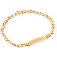 a gold bracelet with an engraved name on the front and back of it's clasp