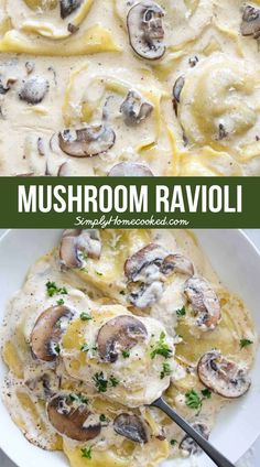 mushroom ravioli in a white bowl with parsley on top and the title above it