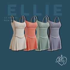 four dresses in different colors and sizes with the name eliie on each one side