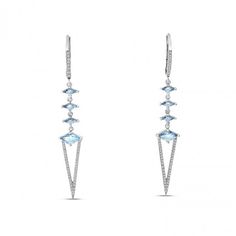 Earrings made of 14k white gold, featuring fancy blue topaz and diamond. Total diamond carat weight is 0.26. Long Dangle Earrings, Diamond Carat, Blue Topaz, Gemstone Jewelry, Topaz, Jewelry Watches, Jewelry Collection, Dangle Earrings