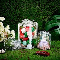 three clear boxes filled with different types of flowers on top of green grass next to plants