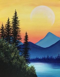 a painting of the sun setting over a mountain lake with pine trees in front of it