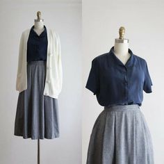 Navy Chic Outfit, Vintage Chic Aesthetic, Blue And Grey Outfit Women, Grey Navy Outfit, Navy And Grey Outfits For Women, Navy And Gray Outfit, How To Style Navy Blue Shirt, Shirts For Skirts, Grey And Navy Blue Outfit