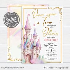 a princess castle birthday party card with the words once upon time, queen and prince on it