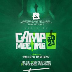 the poster for camp meeting is shown in green