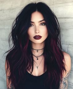 Gothic Balayage Hair, Dark Hair Pale Skin Hazel Eyes, Dark Unique Hair Color, Dark Red Black Hair Color, Black Hair With Deep Red Highlights, One Color Hair Ideas Brunettes, Balage Hair Black Dark Brown, Black Hair With Dark Red Underneath, Black Hair Burgundy Money Piece