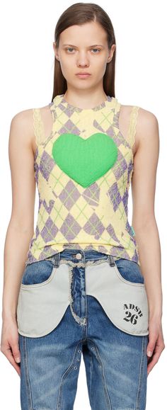 Andersson Bell - SSENSE Exclusive Yellow Puffy Heart Saver Tank Top Summer Heart Graphic Tank Top, Trendy Sleeveless Patchwork Tops, Sleeveless Top With Heart Graphic For Spring, Sleeveless Spring Top With Heart Graphic, Fitted Sleeveless Top With Patchwork, Fitted Sleeveless Patchwork Top, Casual Patchwork Tank Top, Trendy Sleeveless Top With Heart Graphic, Sleeveless Summer Top With Heart Graphic