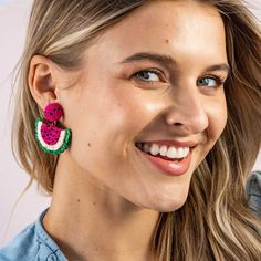 Dive into the vibrant colors of summer with our Josephine Watermelon Raffia Drop Earrings in Hot Pink. The playful watermelon design, crafted from raffia and glass beads, adds a burst of bold energy to your ensemble. So grab your favorite sun dress, a cute pair of sandals, and get vacation-ready with your favorite new watermelon earrings. --DETAILS-- 1.79" L, 1.57" W Handmade by skilled artisans in India Hypoallergenic nickel + lead-free brass hardware These accessories are made by human hands. Watermelon Earrings, Watermelon Design, Colors Of Summer, Watermelon Designs, New Fruit, Fruit Earrings, Human Hands, Human Hand, Sun Dress