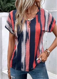 Color:Multi Color;Size:S;Size:M;Size:L;Size:XL;Size:XXL;Package Contents:1 X T Shirt;Occasion:Other;Style:Casual; Summery Outfits, Batwing Top, Half Sleeve Dresses, Printed Tank Tops, Two Piece Dress, Striped Shorts, Plus Size Casual, Womens Fall, Short Sleeve Blouse