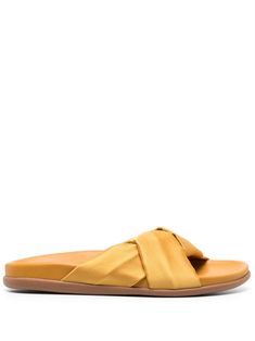 mustard yellow calf leather high-shine finish open toe slip-on style branded footbed flat rubber sole