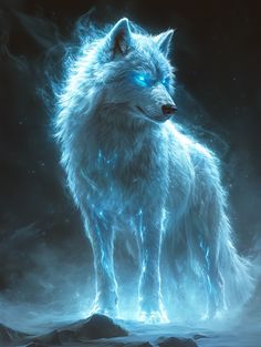 a white wolf with blue eyes standing on top of a rock in the night sky