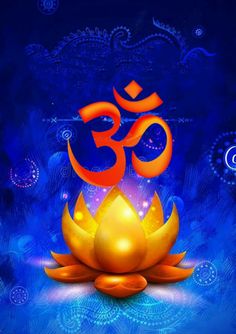 an image of a lotus flower with the omen symbol on it in blue and orange colors