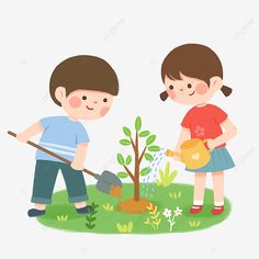 two children are watering plants in the grass