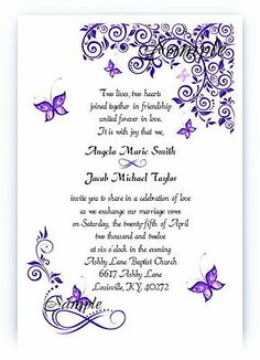 a wedding card with purple butterflies on it