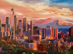 an oil painting of a city at sunset with mountains in the backgrouund