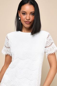 Perfect for many occasions, the Lulus Take Me to Brunch Ivory Lace Shift Dress is sure to become a staple in your wardrobe! Lively eyelash lace creates an eye-catching overlay across knit fabric through a rounded neckline, and into sheer short sleeves. Shift silhouette and scalloped hem. Hidden back zipper with clasp. Fit: This garment fits true to size. Length: Mid-thigh. Size medium measures 34.5" from shoulder to hem. Bust: Great for any cup size. Waist: Not Fitted - comfortable room througho Graduation Dress High School, Lulu Fashion, Graduation Dresses, Midi Wrap Dress, Sheer Shorts, Wrap Midi Dress, Lace Bodycon, Lace Shift Dress, Tiered Midi Dress