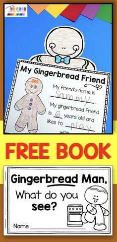 the gingerbread man book is in front of an orange and blue background with text that reads