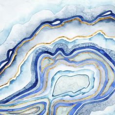 an abstract painting with blue, white and gold colors