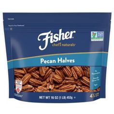 fisher pecan halves in pouch on white background