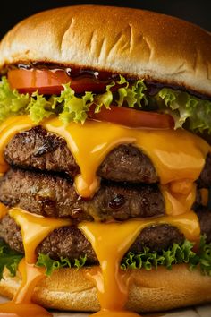 Triple cheeseburger with lettuce, tomato, and melted cheese. Turkey Patties, Veggie Patties, Bbq Dinner