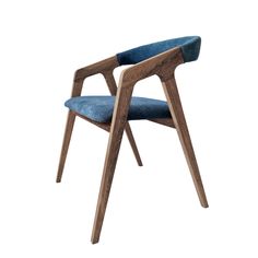 a wooden chair with blue fabric upholstered on the back and armrests