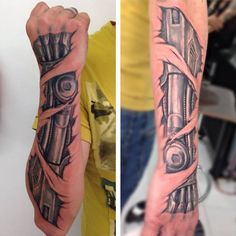 two different views of a man's arm with tattoos on it, one showing his hand holding a camera