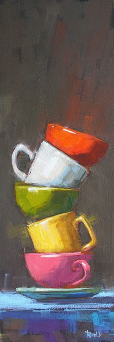 a painting of three cups stacked on top of each other in different colors and shapes